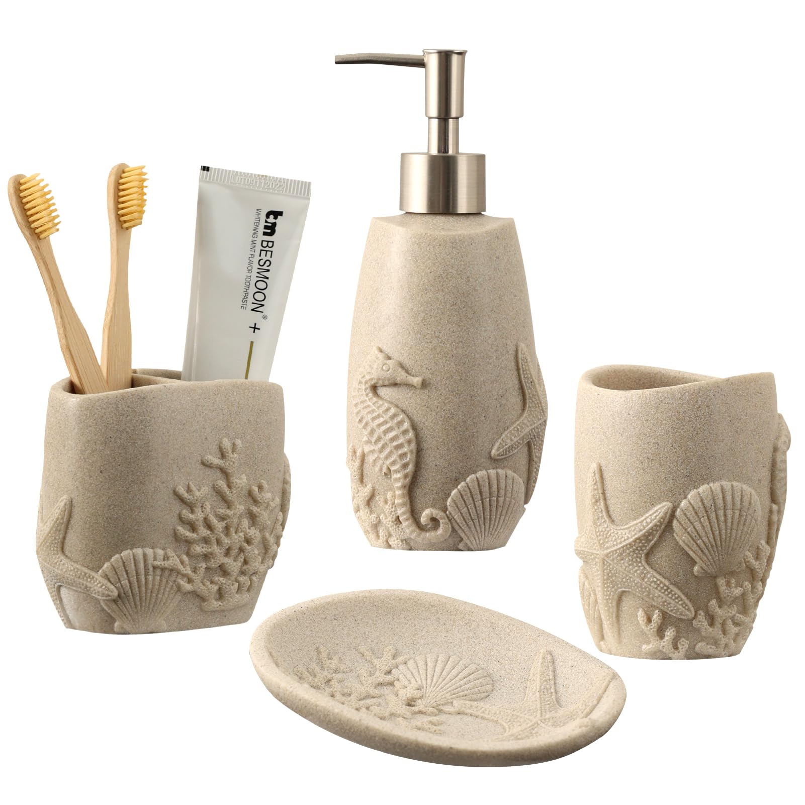 Photo 1 of Haocoott Bathroom Accessories Set, 4 PCS Bathroom Accessory Sets with Soap Dispenser, Toothbrush Holder, Tumbler, Soap Dish, Bathroom Countertop Organizer, Sea Bathroom Decor (Beige)