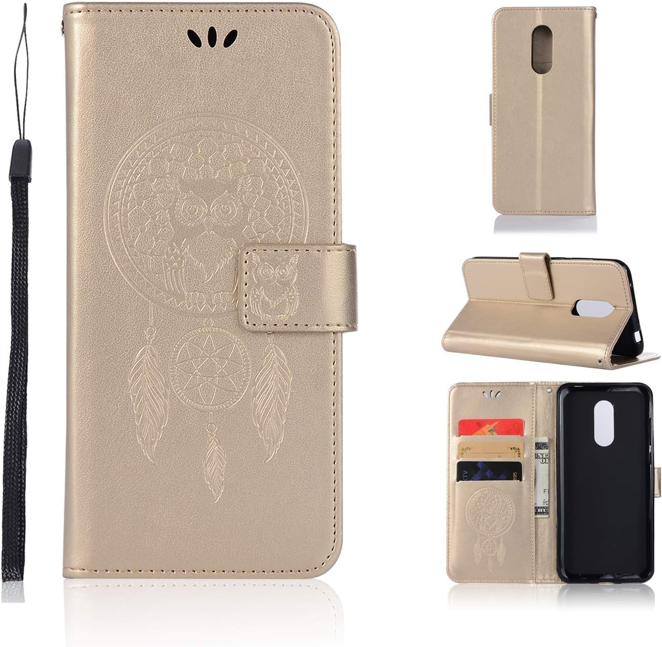 Quanqiugou Cell Phone Basic Cases Owl Embossed Pattern Cover Case PU Leather Wallet Case for Xiaomi Redmi 5 Plus (Color : Gold)