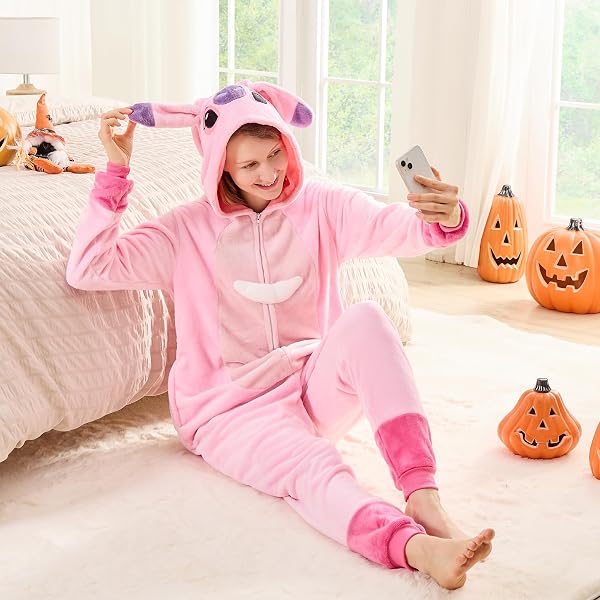 GONAAP UNISEX ADULT PINK ONESIE PAJAMAS ANIMAL ONE PIECE HALLOWEEN COSTUME COSPLAY SLEEPWEAR (PINK, LARGE)