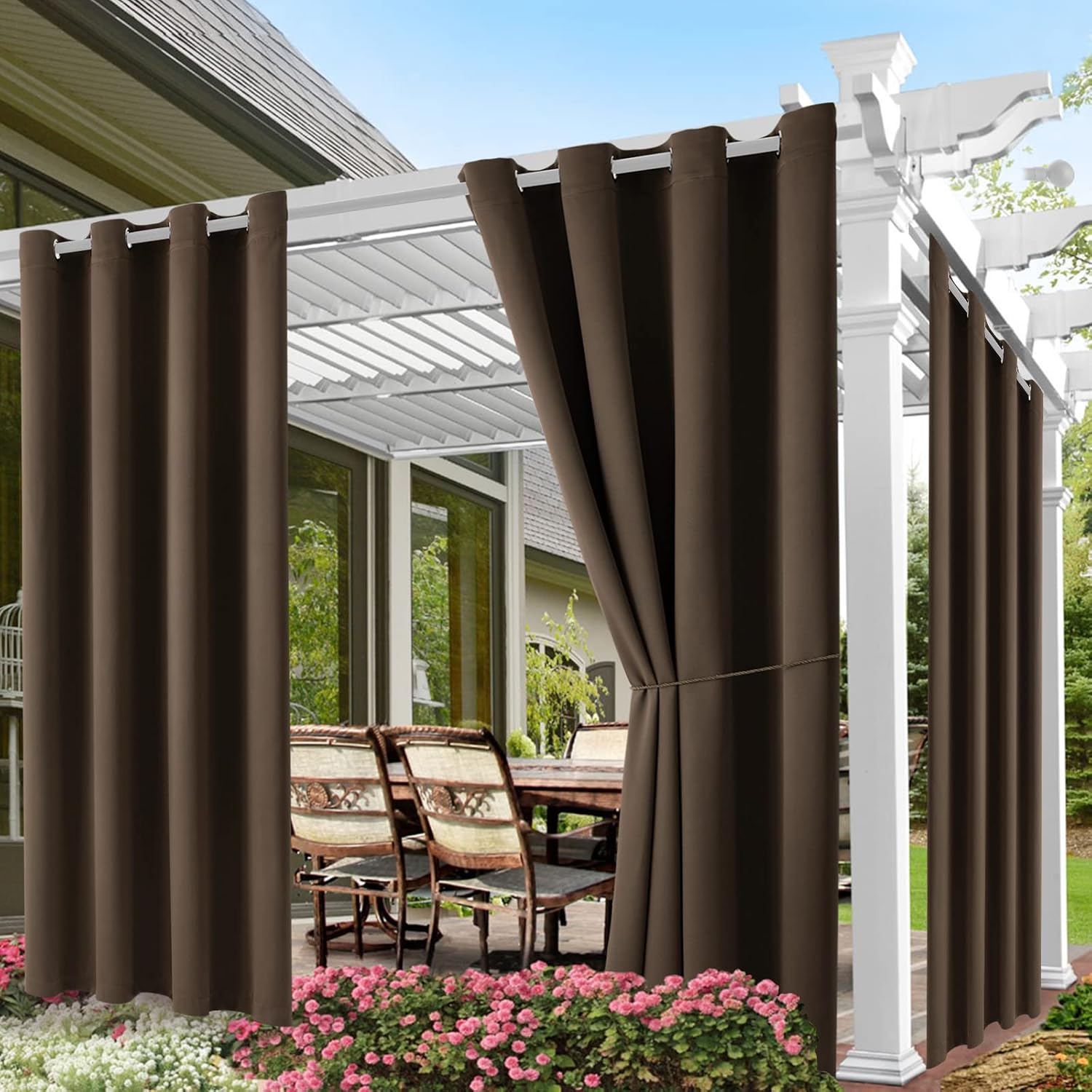 Outdoor Curtains - Water Proof Outside Curtains W52 x L72 with Grommet Top for Porch, Thermal Insulated Washable Light Block Outdoor Divider Drapes for Patio Gazebo Deck Pool Area Pergola Cabana (Brown, 2 Panels)