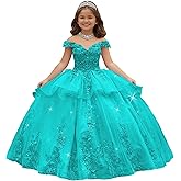 PAEGXN Crystal Lace Applique Flower Girl Dress Layered 3D Floral First Communion Dresses Off Shoulder Girls Pageant Dresses