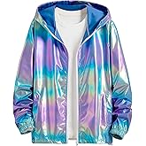 Lars Amadeus Men's Metallic Jacket Lightweight Zip Up Holographic Shiny Hooded Jackets