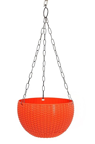 Natures Plus Plastic Rattan Waven Hanging Flower Pot PRM 8.6 Inches, Planter Flower Pot with Chain (Red, Pack of 4)