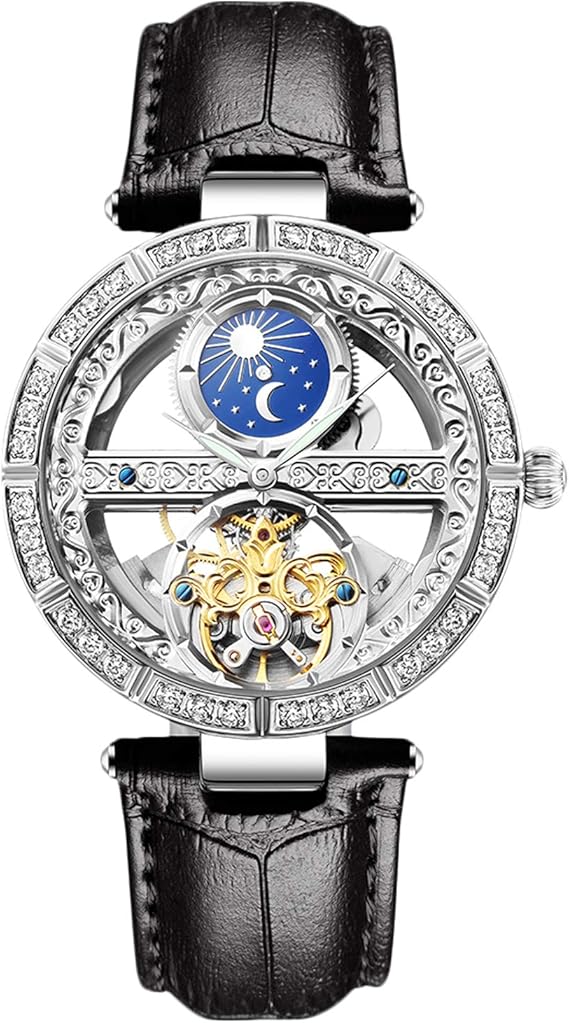 Amazon Rorios Watch 腕時計 レディース 時計 防水 スケルトン 機械式 自動巻き 日月星文字盤 夜光 牛革ベルト 個性的 おしゃれ ウォッチ ビジネス 通勤 ブラックa レディース腕時計 腕時計 通販