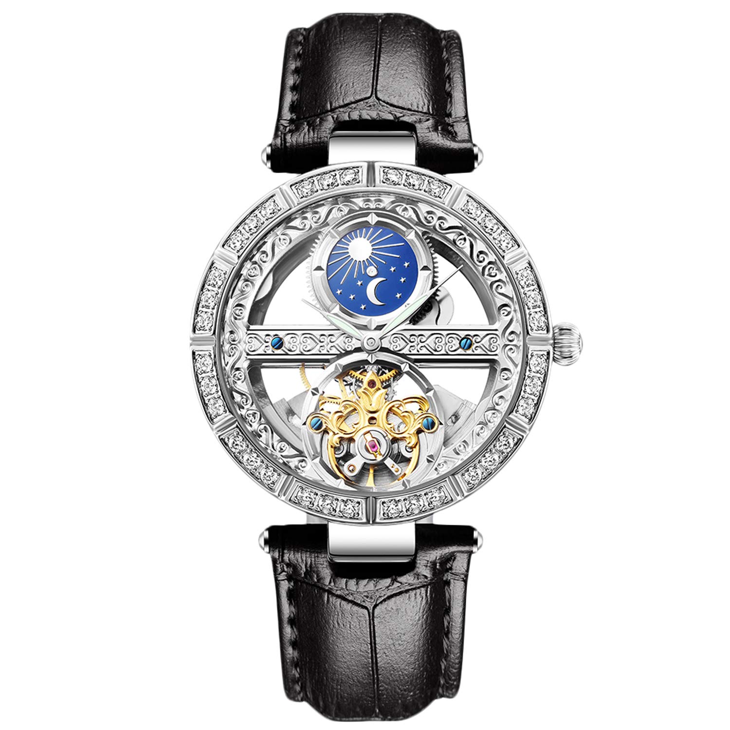 RORIOS Women's Automatic Mechanical Watch Genuine Leather Strap Automatic Winder Ladies Watches, Black A, Strap