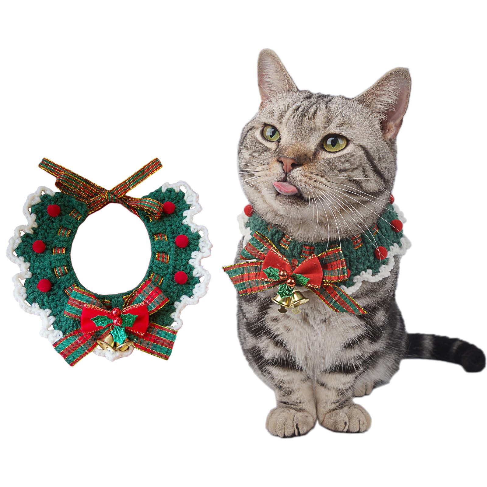 ONEWUS Handmade Knitted Cat Collar Crocheted Dog Collar Xmas Pet Costume Adjustable for Kitten Puppy Rabbit Reptile
