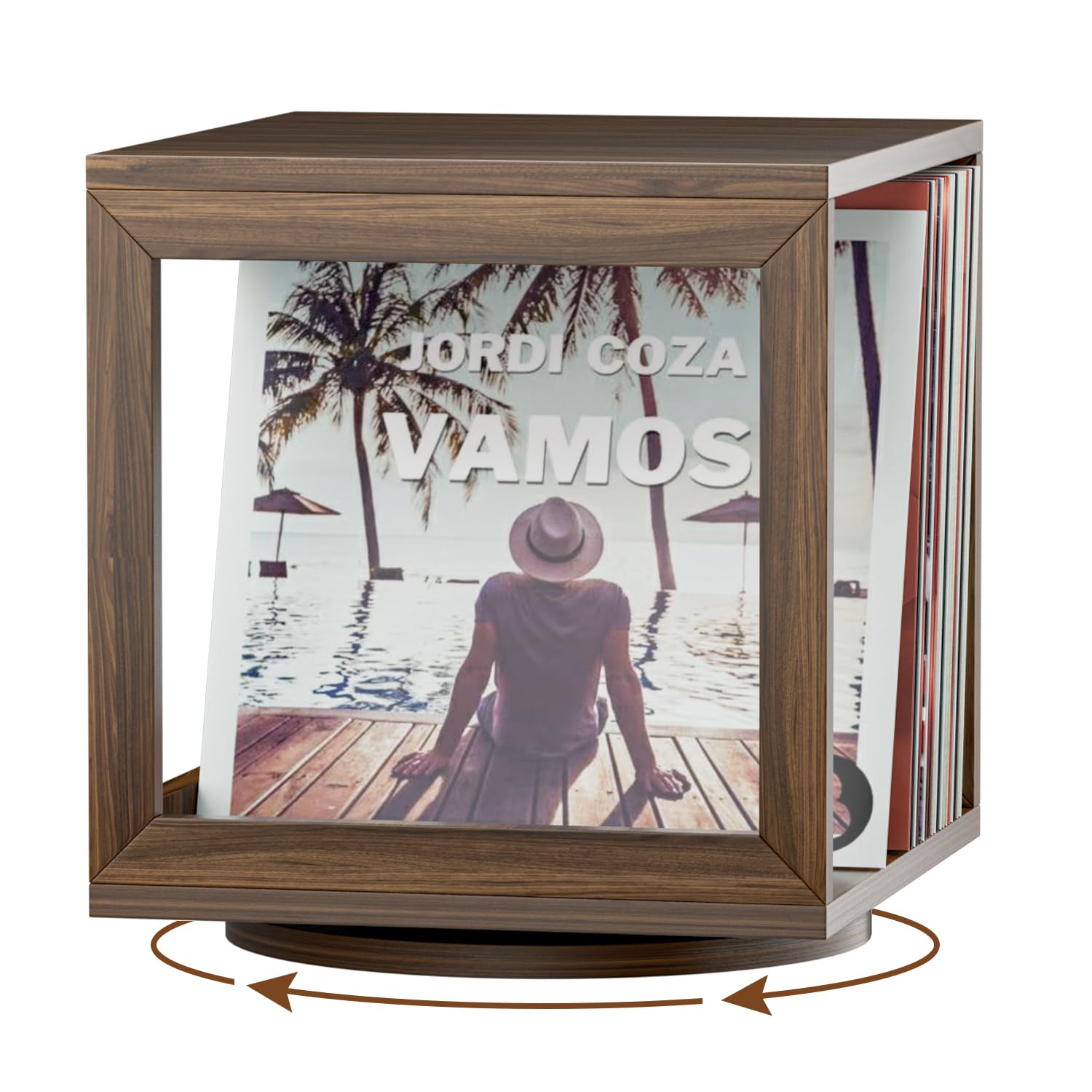 Photo 1 of Aimeaihe Vinyl Record Storage Crate, 360 Degree Rotating Record Holder, Visible Record Box Holds 50+ Records, Wooden Vintage Record Organizer for Albums, Magazines, Books