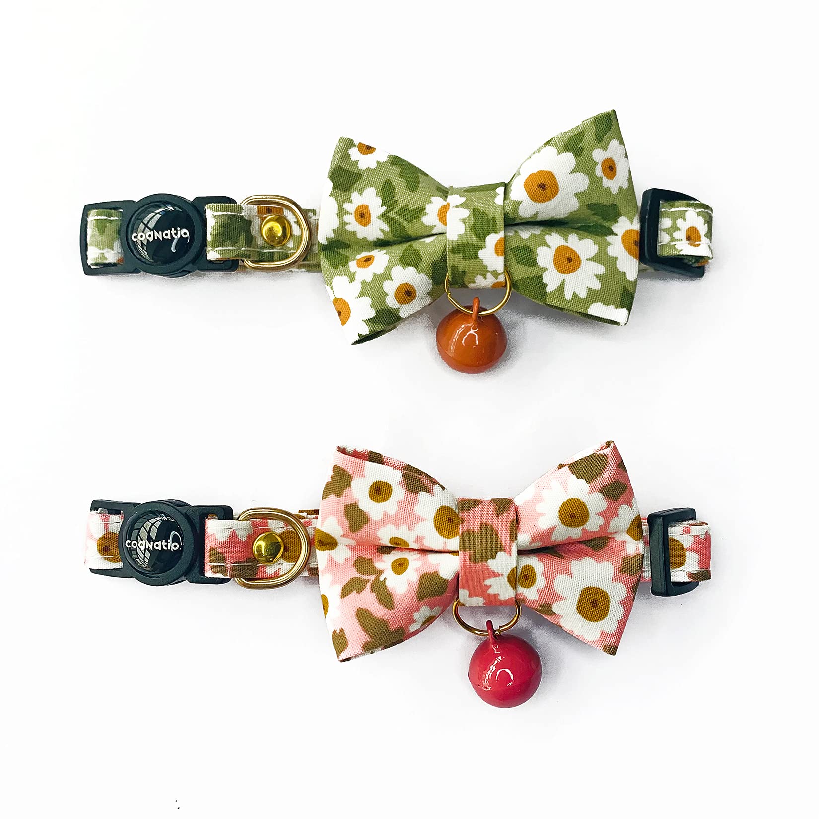 Cognatio Cat Collars with Bells and Safety Release Buckle, Floral Bow Tie Kitten Collars, Adjustable 20-30 cm, 2 Pack, Green+Pink