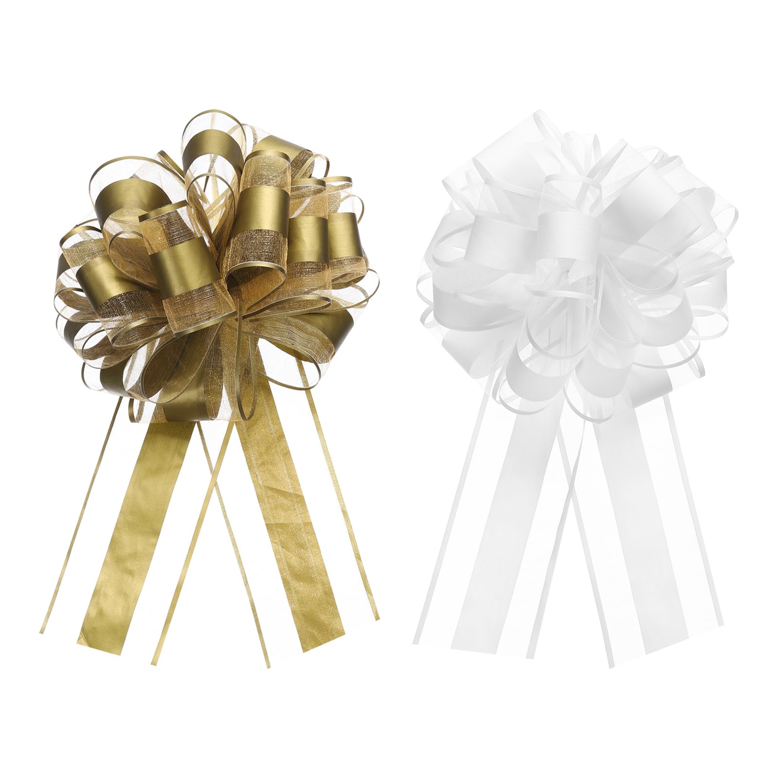 Uxcell 10pcs 8 Inch Large Big Pull Bow Organza Gift Wrapping Bows Ribbon for Wedding Car Baskets Presents Christmas Bow, Golden White