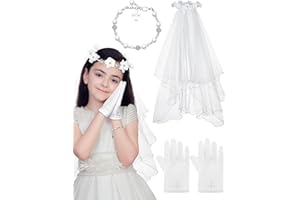 Wavyknot 3 Pcs First Communion Accessories Set Girls White Floral Wreath Lace Veil Flower Crown Charm Cross Bracelet Gloves for Kids Holy Communion Headpiece Wedding Catholic Party