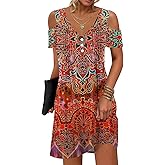 SAUKOLE Women’s Summer Dresses Casual Cold Shoulder Sleeve Dress V Neck Pleated Front Sundress with Button