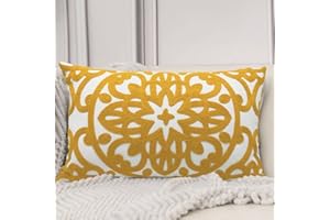 Alysheer Embroidered Lumbar Decorative Throw Pillow Cover 12"x 20", Classic Boho Mandala Embroidery Pattern Cotton Rectangular Cushion Case for Sofa Couch Living Room Bedroom(Mustard Yellow)