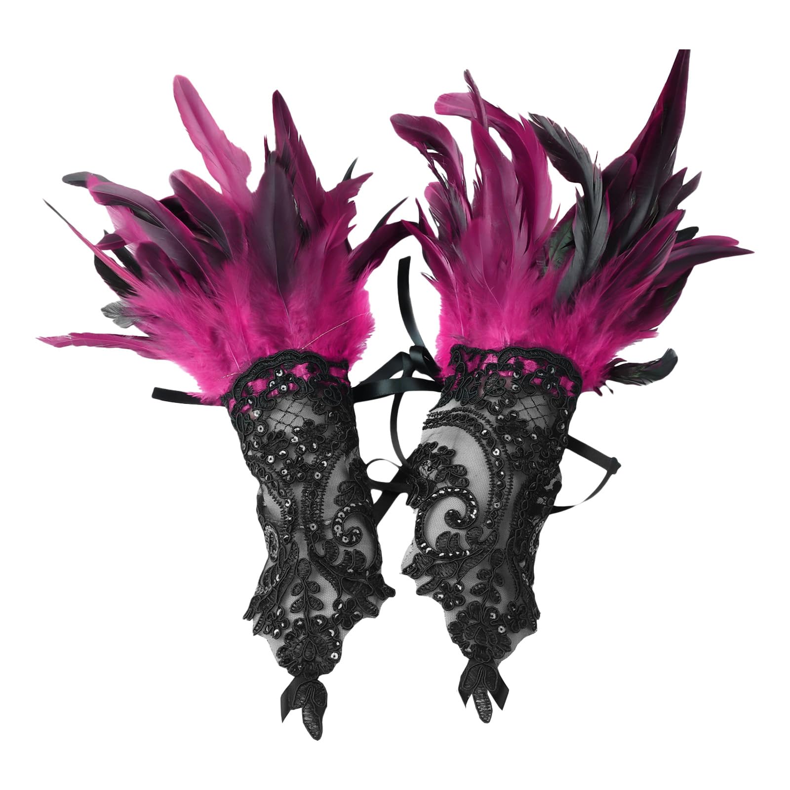 Lufdegim Women's Lace Feather Fingerless Gloves, Mesh Feather Long Gloves for Carnival, Halloween, Wedding Costume Accessories, rose red, 36 — image 1