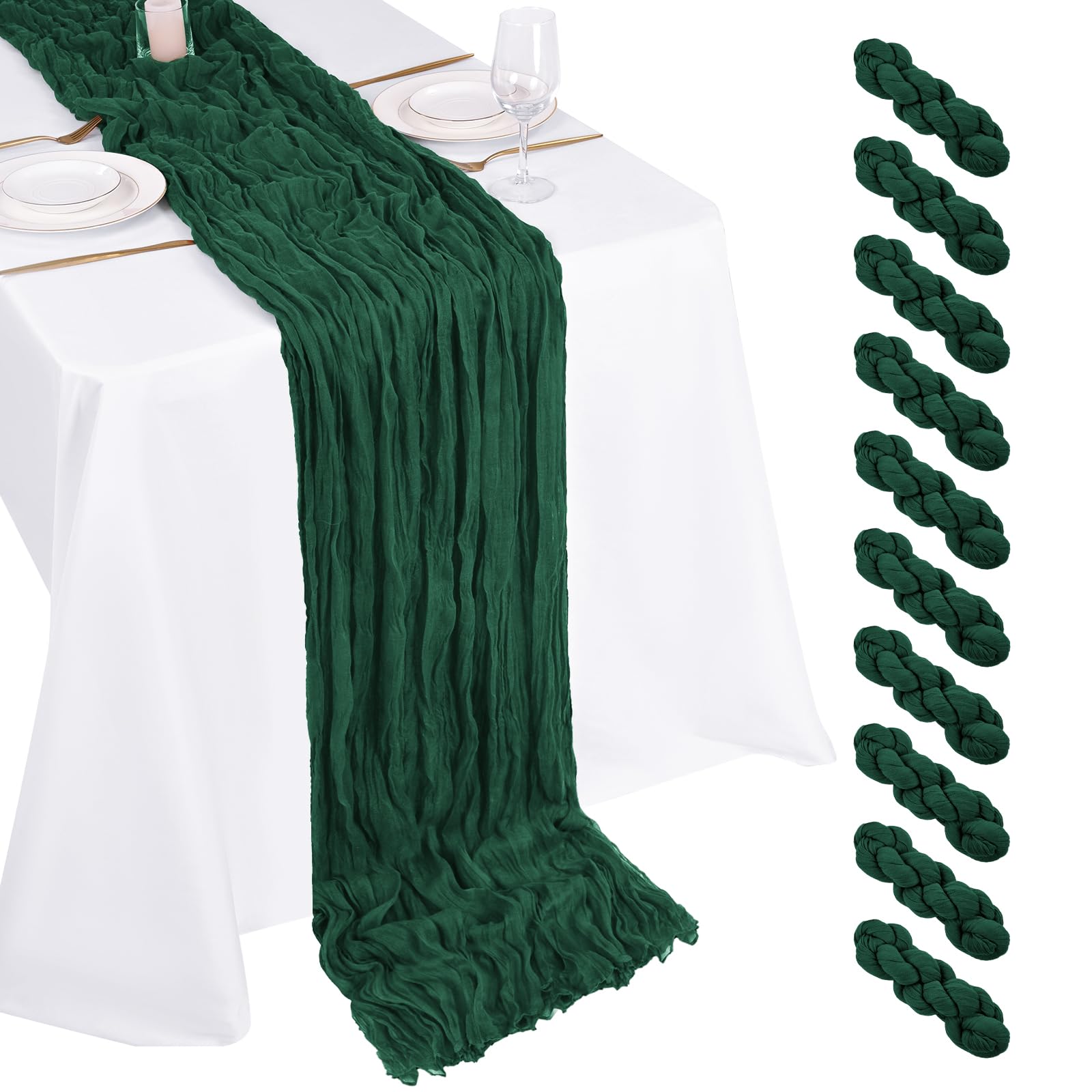 Photo 1 of 10 Pack Emerald Green Cheesecloth Table Runner 17x108 Inch Boho Gauze Cheese Cloth Table Runners for Wedding Party Baby Shower Birthday Home Decor