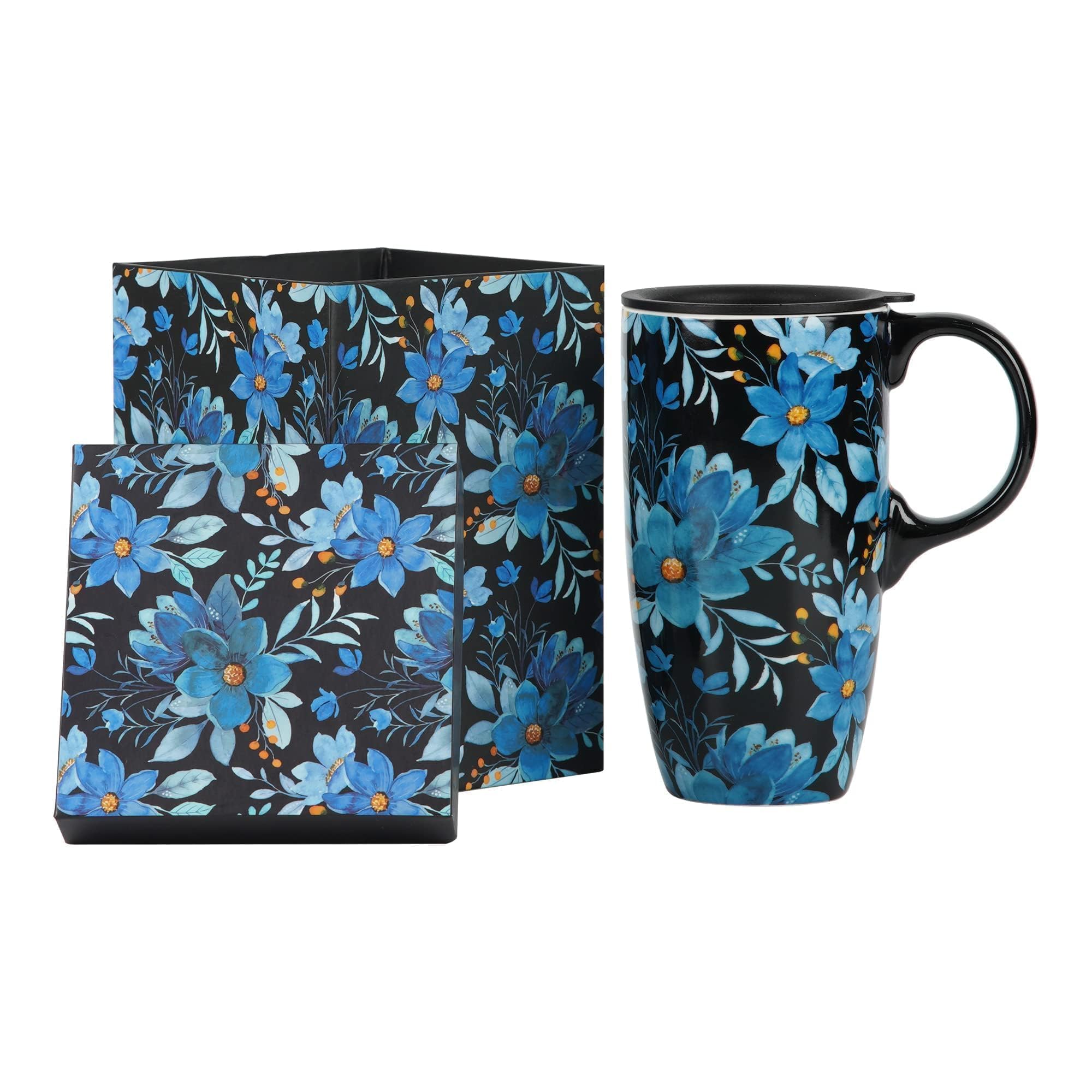 Topadorn Ceramic Travel Cup Porcelain Coffee Mug, 17oz Large Capacity Mug Home Office Gift, Microwave & Dishwasher Safe Coffee Tumbler, Blue Flower