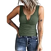 HERILIOS Women's Tank Tops Ribbed V Neck Sleeveless T Shirts Summer Slim Fitted Basic Tee Tops Crew Neck Cami Shirt