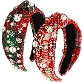 Hotalisona Christmas Headbands for Women Christmas Pearl Rhinestone Wide Knotted Headbands Hair Accessories Holiday Party Costume Decor (Snowflake Plaid)