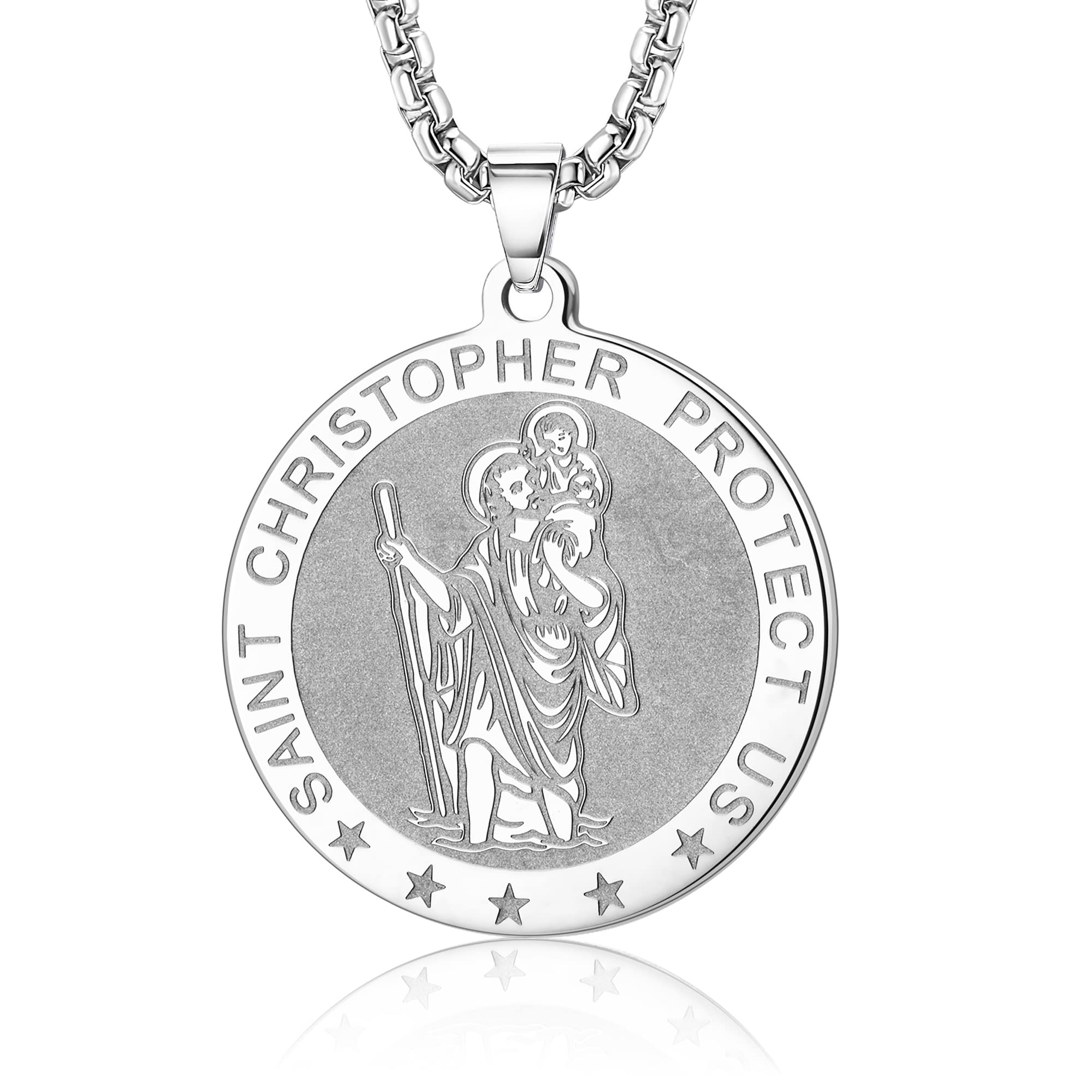 KALVICA Stainless Steel St Christopher Necklace for Men Saints Protect Us Pendant Necklace Silver Gifts for Men Women