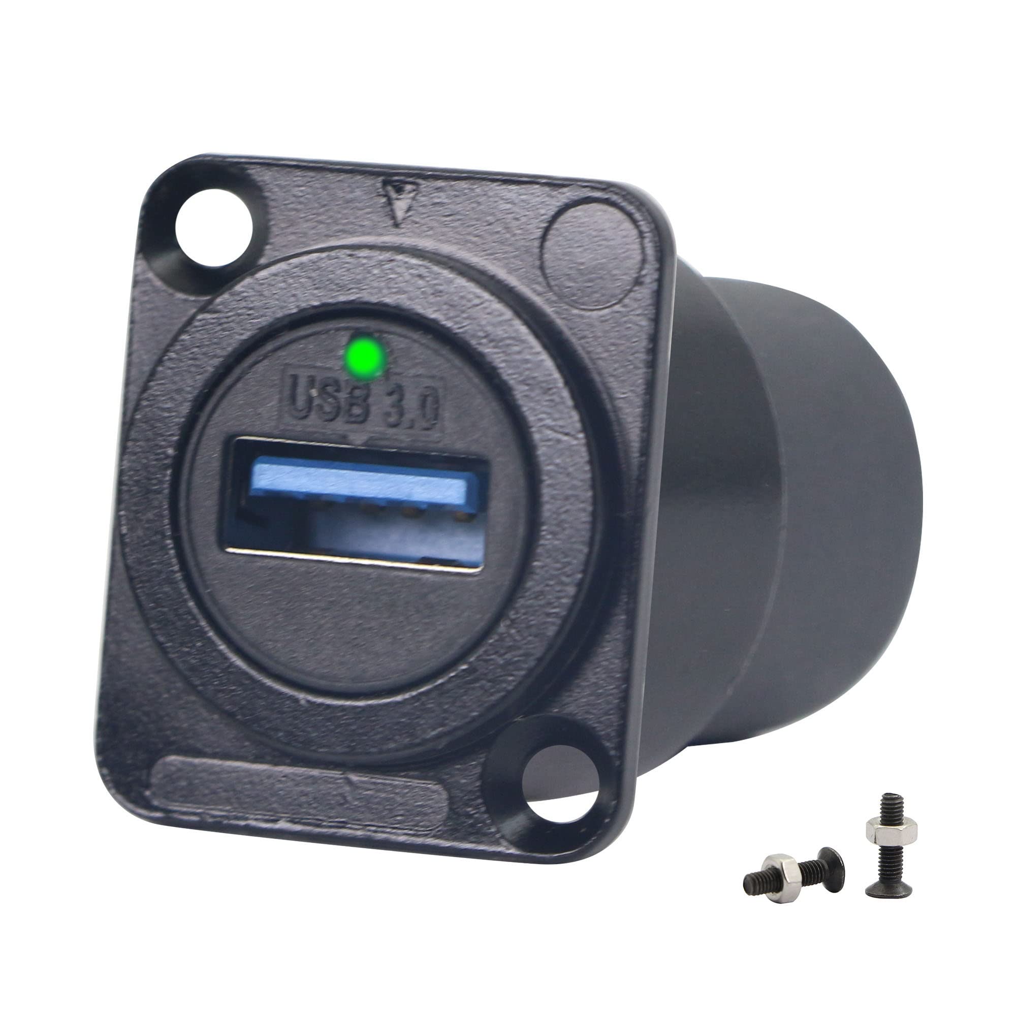 QIANRENON USB 3.0 Panel Mount Feedthrough Connectors 5Gbps USB Female to Female Panel Coupler, D-type and XLR Panel Mount,with LED Indicator,For Data Transfer and Charging.