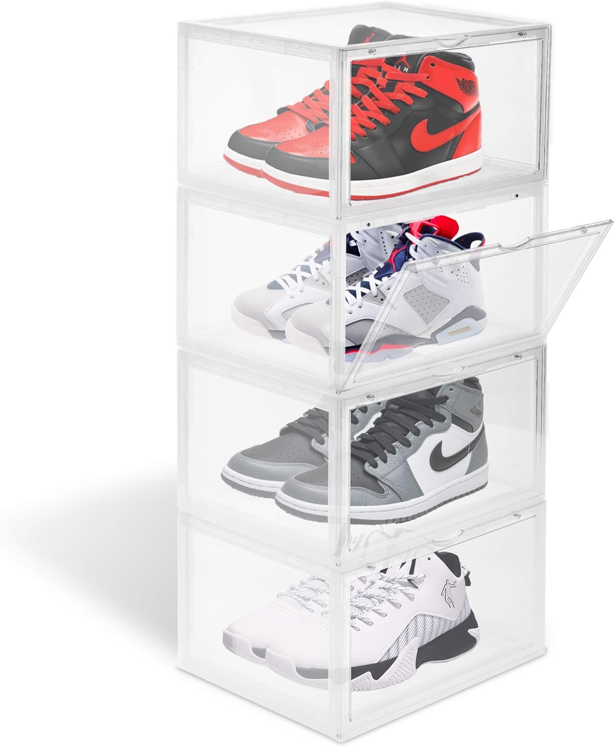stackable clear shoe drawers on Amazon Com Waytrim Storage Shoe Box Foldable Clear Sneaker Display Box Stackable Plastic Storage Bins Shoe Container Organizer White 4 Pack X Large Home Improvement