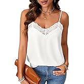 Vrtige Women's Satin Tank Summer Top Adjustable Spaghetti Lace Trim V Neck Strap Camisole
