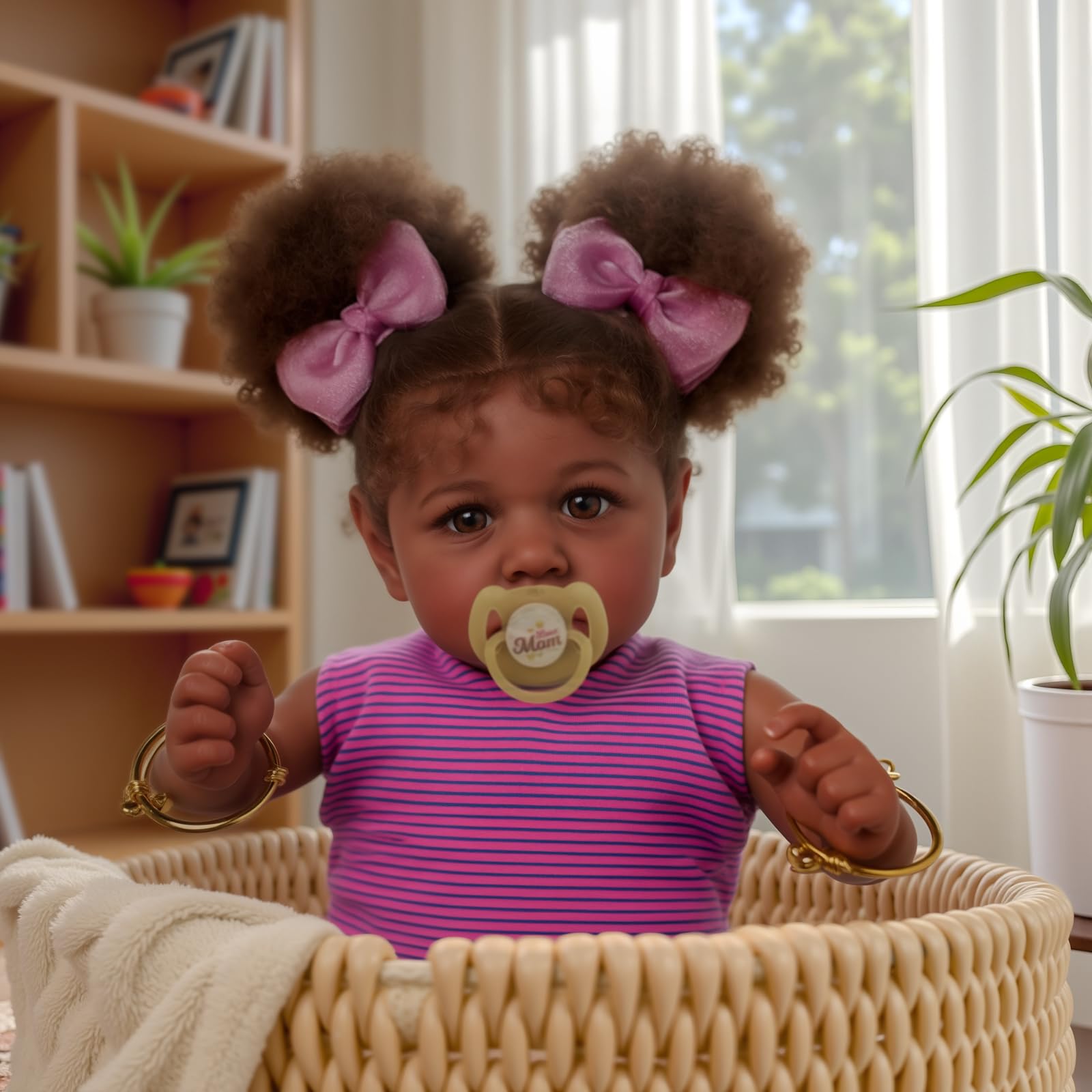 JIZHI Reborn Baby Dolls Black - 22 Inch Lifelike Soft Body Realistic-Newborn Baby Dolls Taupe Eyes Caramel Skin Tone Pink Striped Skirt Real Life and Toy Accessories Gift for Kids Age 3