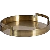 Kate and Laurel Myo Transitional Metal Round Tray; 15 x 15; Brass; Modern Glam Circular Decorative Serving Tray with Handles 