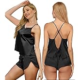 WJing Yi Jia Womens Silk Pajamas Sets S-XXL 2Pcs Sexy Satin Pjs Lingerie Cami Shorts Set Camisole Sleepwear Nightwear
