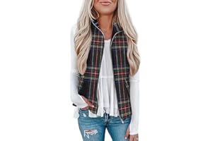 Rapbin Women's Plaid Outerwear Vests Tops Zip Up Collared Sleeveless Jacket with Pockects