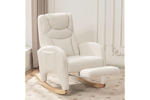 ALAKFORM Nursery Rocking Chair with Foot Rest,Upholstered Teddy Glider Rocker with Solid Wood Legs, Accent Nursing Arm Chair for Living Room/Bedroom/Nursery,Ivory