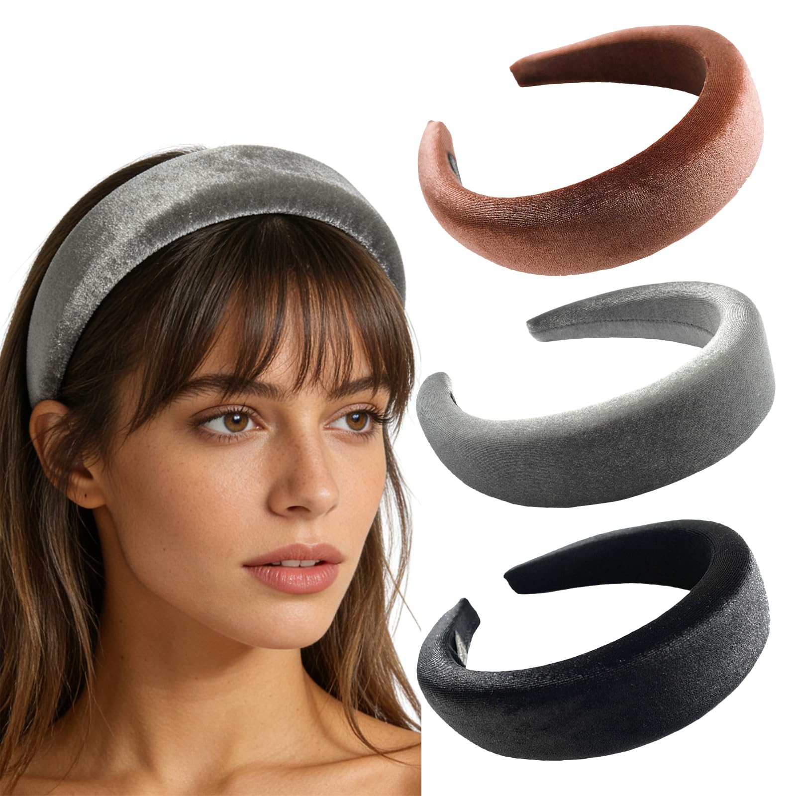 scicent 3Pcs Velvet Headband Fashion No Slip Hair Bands Fabric Hairbands Hair Accessories for Women Ladies Black Grey Coffee 2811 — image 1