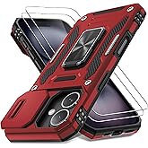 DEERLAMN Case for iPhone 16 with Slide Camera Cover+Screen Protector (2 Packs), Rotated Ring Kickstand Military Grade Shockproof Protective Cover-Red