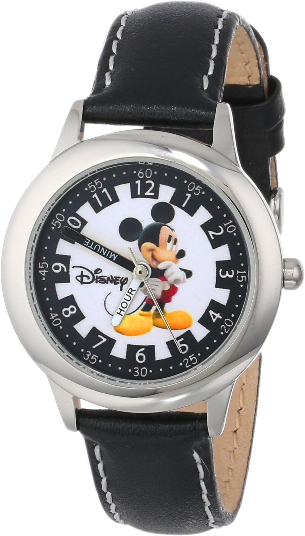 Disney By Ewatchfactory Kids Mickey Mouse Quartz Watch with White Dial Time Teacher Display and Black Leather Strap W000021