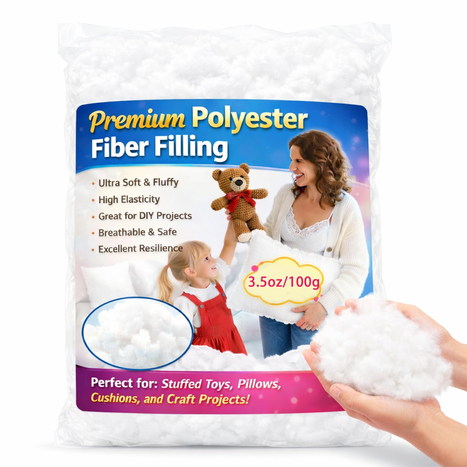 Photo 1 of Welacer Premium Polyfill Stuffing 3.5oz/100g for Small Projects, Polyester Fiber Fill for Stuffed Animals, Crochet Toys & DIY Crafts, High Resilience Pillow Stuffing for Cushions, Machine Washable