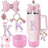 XIANGYUAN 8PCS Pink Bling Accessories Set for Stanley Cup 30oz 40oz Tumbler with Handle,Including Silicone Straw Topper Cover Cap,Spill Proof Stopper,Handle Charm for Stanley Tumbler (Pink K)