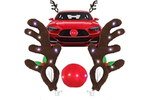 HOMEYA Christmas Reindeer Antlers & Nose for Car with Multicolor Lights, LED Christmas Reindeer Antler Car Kit, Rudolph Outdoor Christmas Decorations Accessories, Decor for Vehicles Truck SUV Van MPV