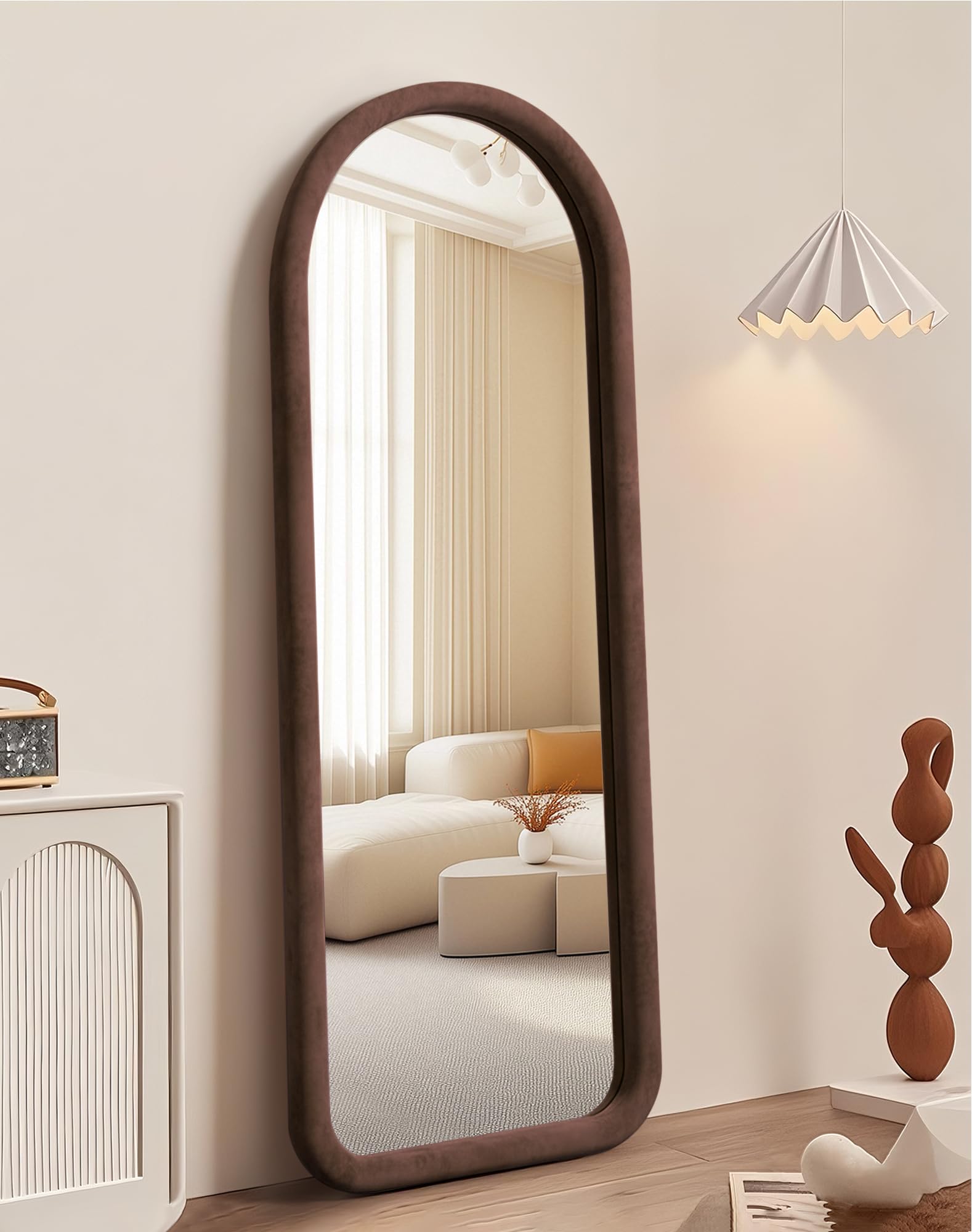 Photo 1 of ***MINOR DAMAGE*** Delma Arched Full Length Mirror, Free Standing Floor Velvet Finish Frame Mirror for Leaning or Hanging, Soft Touch Bedroom & Living Room Decor, Brown