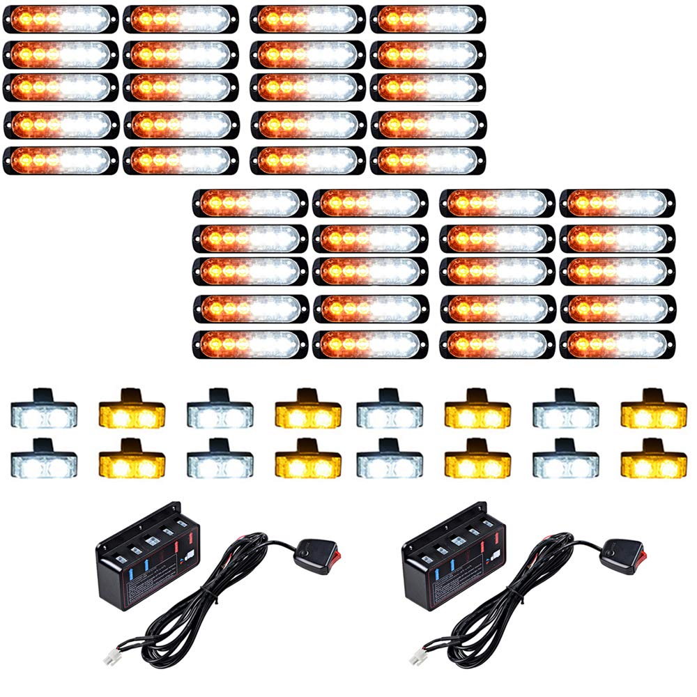 40PCS Ultra Slim 6-LED 18W Emergency Warning Construction Surface Mount Truck Trailer Strobe Light & 16pcs Car Truck Grille Deck Dash Flashing Light - Amber White