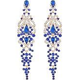 Art Deco Blue Crystal Rhinestone Cluster Chandelier Long Dangle Statement Earring, Party Prom