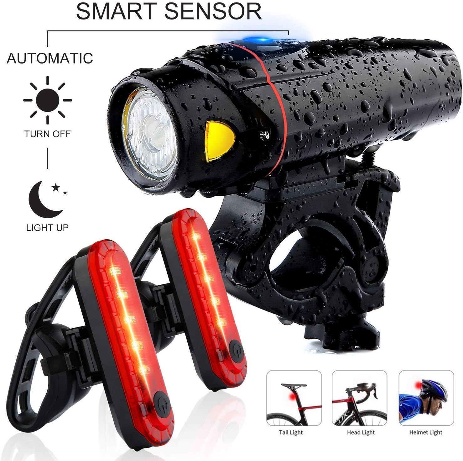 Bike Headlight and 2 LED Rear Bike Tail Lights Set, USB Rechargeable Bicycle LED Front and Back Rear Lights, Powerful Super Bright Bike Lights for Kids Men Women Road Cycling Safety Flashlight