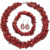 Gemstone Chips Necklace, Earrings & Bracelet Set - Cluster Stainless Steel Jewelry for Women - Boho Beach Healing Crystal Jewelry - Necklace Length 18" Stretchable Bracelet Christmas Gifts