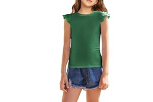 Flypigs Girls T Shirts Ruffle Sleeve Summer Casual Ribbed Knit Crewneck Tee Tops Blouses