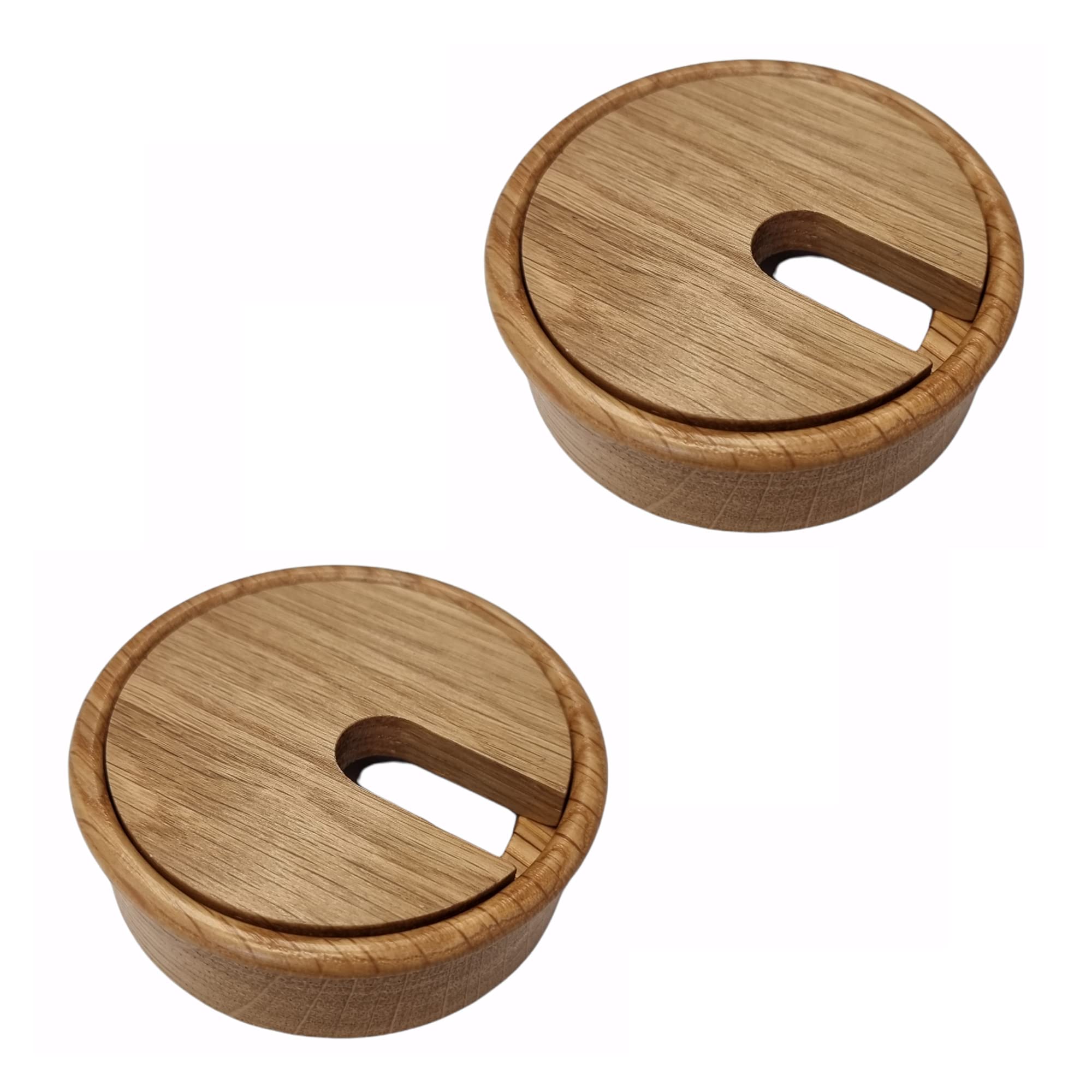 Gedotec Cable grommet, oak wood lacquered, plain, 2 pieces round cable ducts, cable box drill diameter 80 mm, cable guide for gluing into worktop, desk duct, cable passage