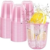 LIANGYUNZE 60 Pcs Disposable Stemless Clear Glasses 12 oz NATURAL Arc Crystal Plastic wine glasses Clear Classic Pet Cup for Meeting Weddings Birthdays Cocktail Christmas Party Supplies(Pink)
