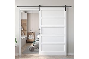 Fredbeck 48x84 inch White Barn Door with 8FT Sliding Door Hardware Kit Included & Handle,MDF,Solid PVC Surface,DIY Assembly,5-Panel,Fit 45in-47in Opening