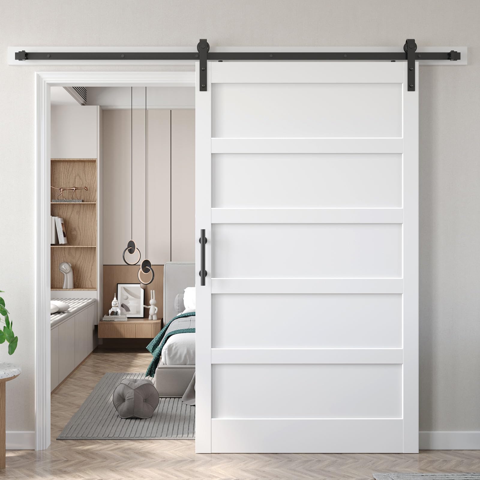 Photo 1 of Fredbeck 48x84 inch White Barn Door with 8FT Sliding Door Hardware Kit Included & Handle,MDF,Solid PVC Surface,DIY Assembly,5-Panel,Fit 45in-47in Opening