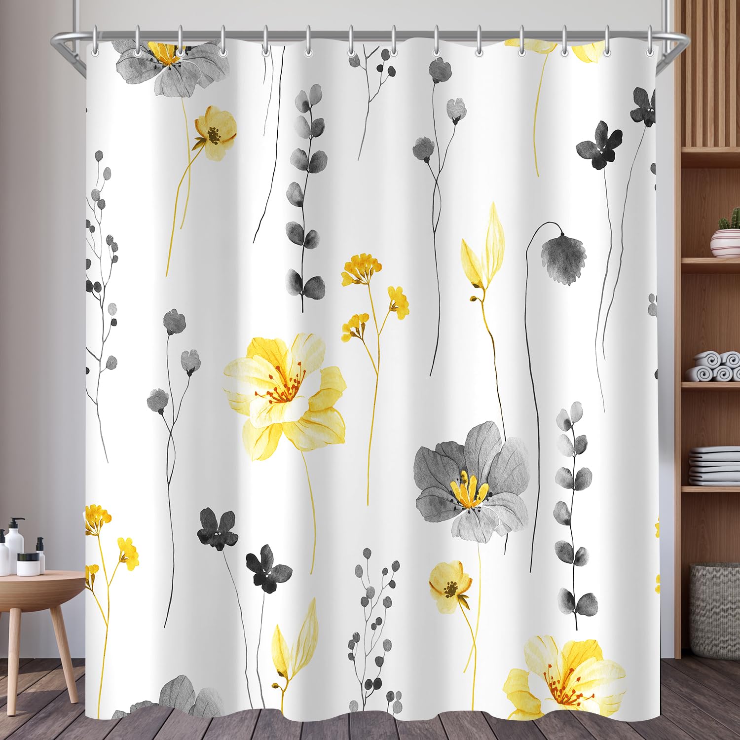 Lerores Shower Curtain, 180 x 180 cm, Yellow & Grey Flower, Weighted Hem, Anti-Mould, Water-Repellent, Washable Polyester Bath Curtains with 12 Eyelets and Shower Curtain Rings for Bathroom, Bathtub