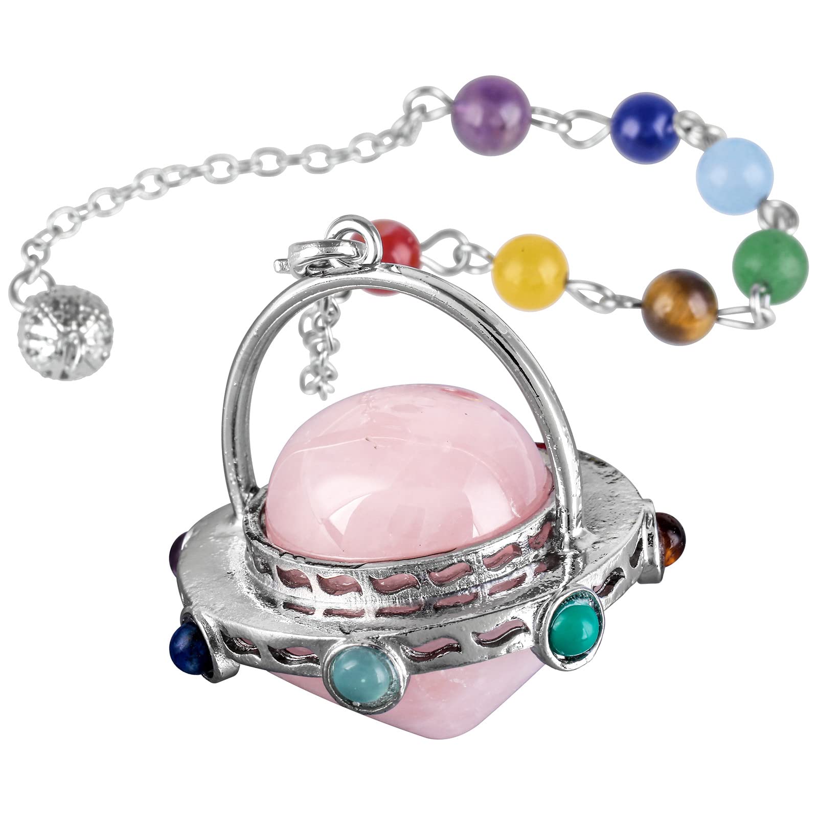 Nupuyai 7 Chakra Rose Quartz Crystal Quartz Point Pendulum for Divination Dowsing Scrying, Energy Healing Stone Pendulum with Beads Chain