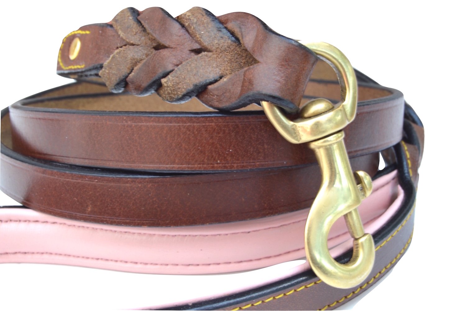 Soft Touch Collars Heavy Duty Leather Braided Dog Leash, Brown with Pink Padded Handle - 6ft โ image 1