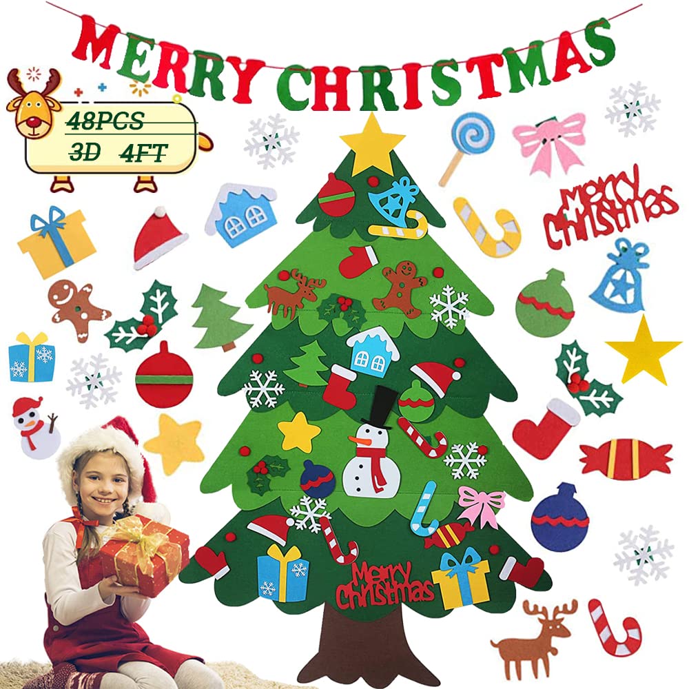 MiuCo 3D Felt Christmas Tree with Christmas Banner Set, 3.7FT DIY Wall Hanging Xmas Tree Kit with 48pcs Detachable Ornaments for Wall Decor Home Door Hanging Decoration